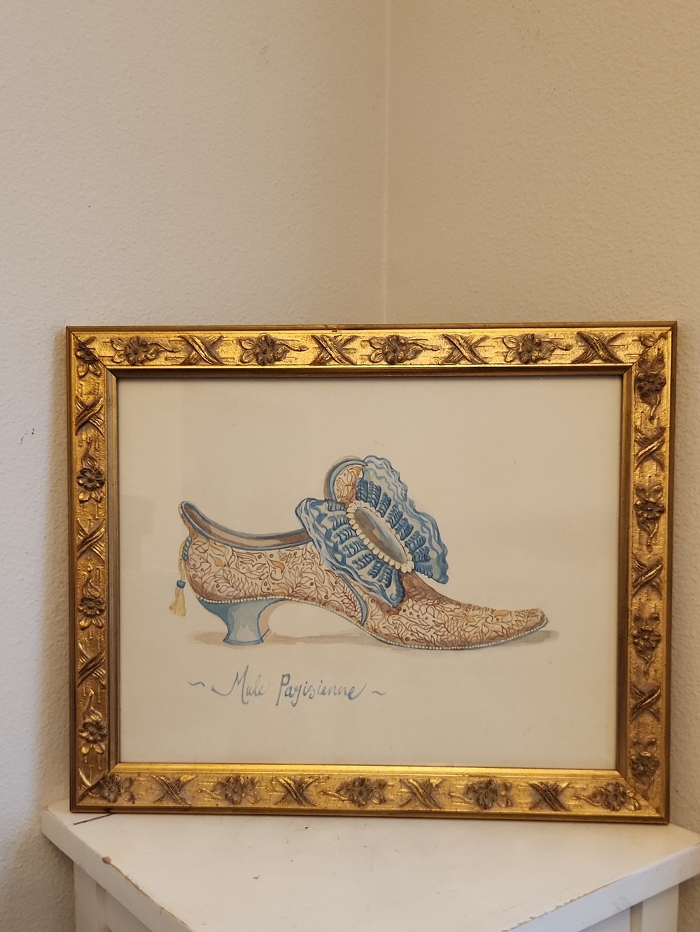 ♤ Large Gold Framed Blue and Beige Decorative Fashion Shoe Art Print